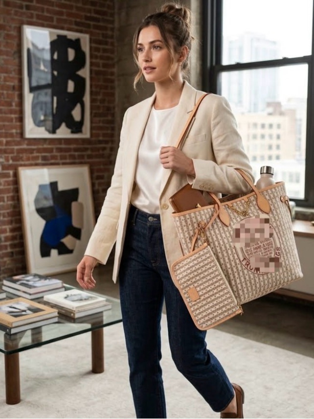 Beige & Tan Canvas Tote with Burgundy Logo Print